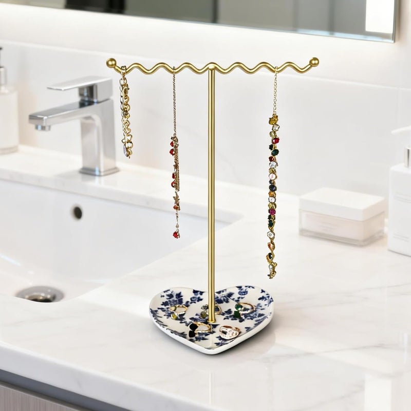 Saydear Elegant Jewelry Holder Tree Stand with Ceramic Tray - Metal Necklace Holder Organizer for Rings Bracelets Earrings - Tangle Free, Rustproof Decorative Display for Vanity Dresser Blue and White - Image 4